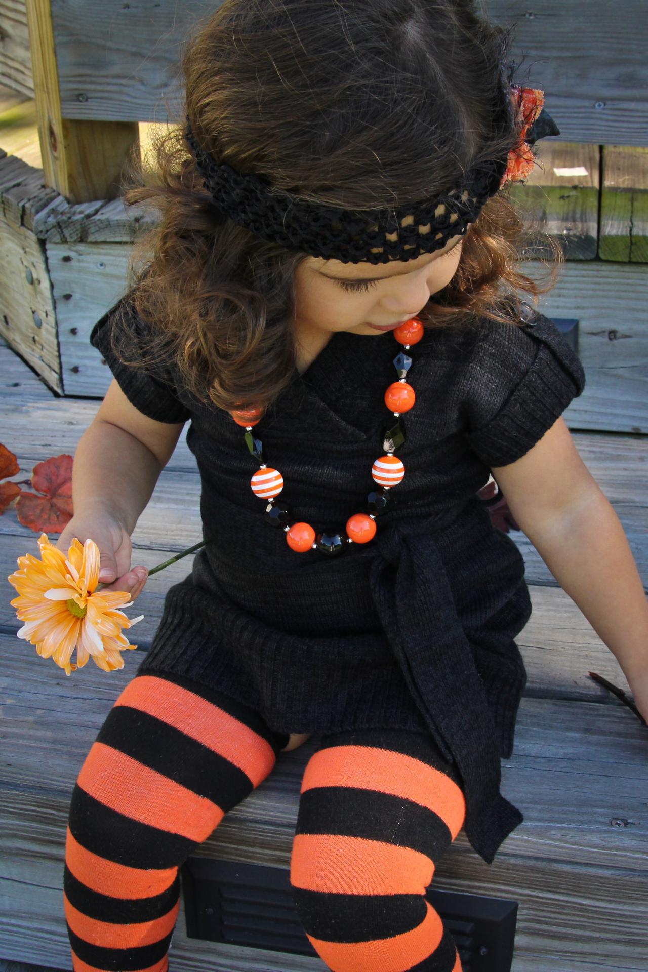 Orange And Black "trick Or Treat" Toddler Necklace & Hair Clip Set