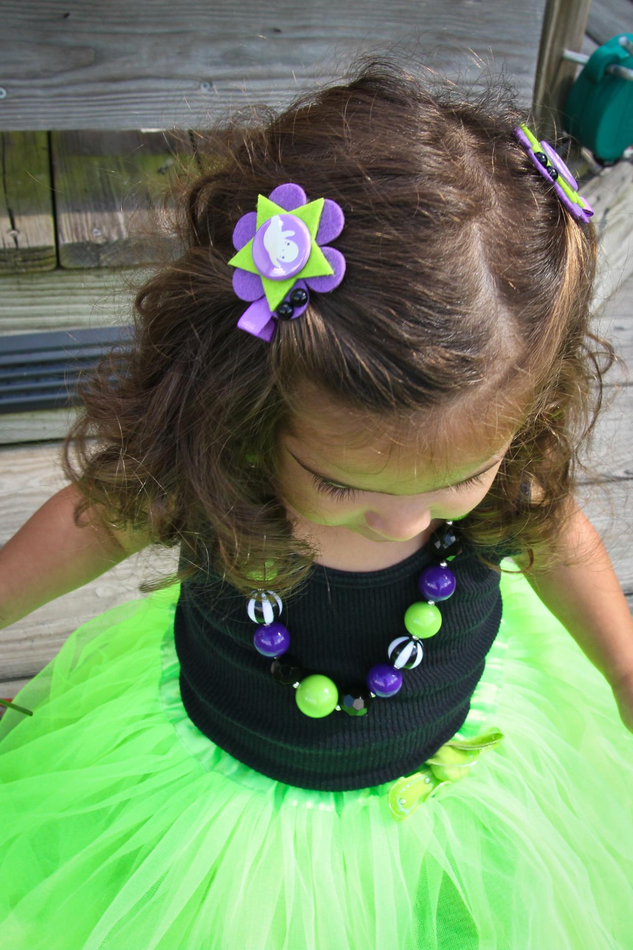 Black And Purple "toil And Trouble" Halloween Necklace & Hair Clip Set